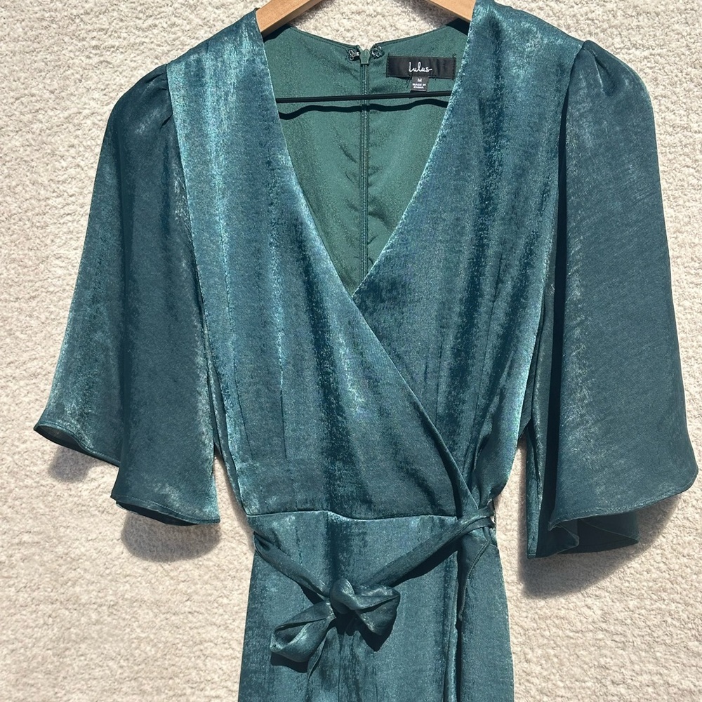 Lulus Wrapped Up In Love Dark Green Satin Faux Wrap Midi Dress M - Picture 9 of 10